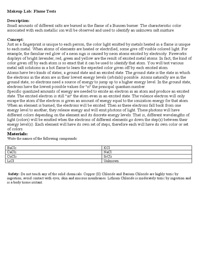 Makeup Lab Flame Tests Description Materials PDF Energy Level
