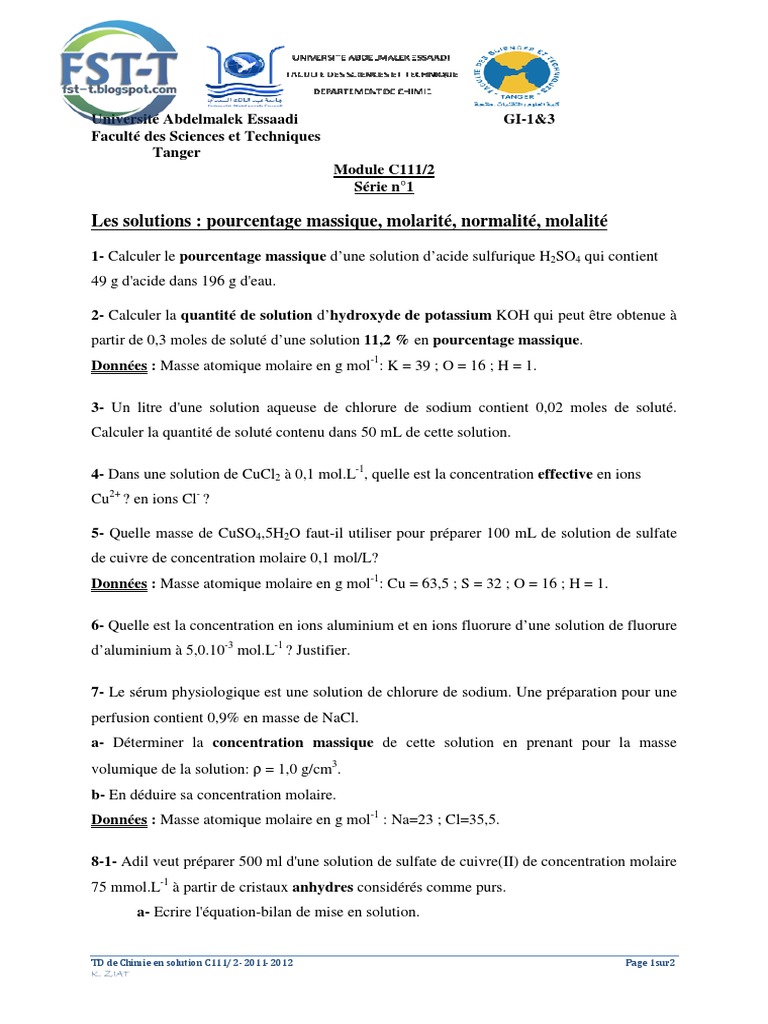 Poly 1 Chimie en Solution PDF | PDF | Concentration molaire | Réaction ...