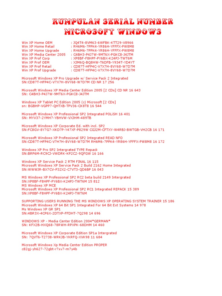 KUMPULANSERIALNUMBER | PDF | Windows Xp | Windows Vista