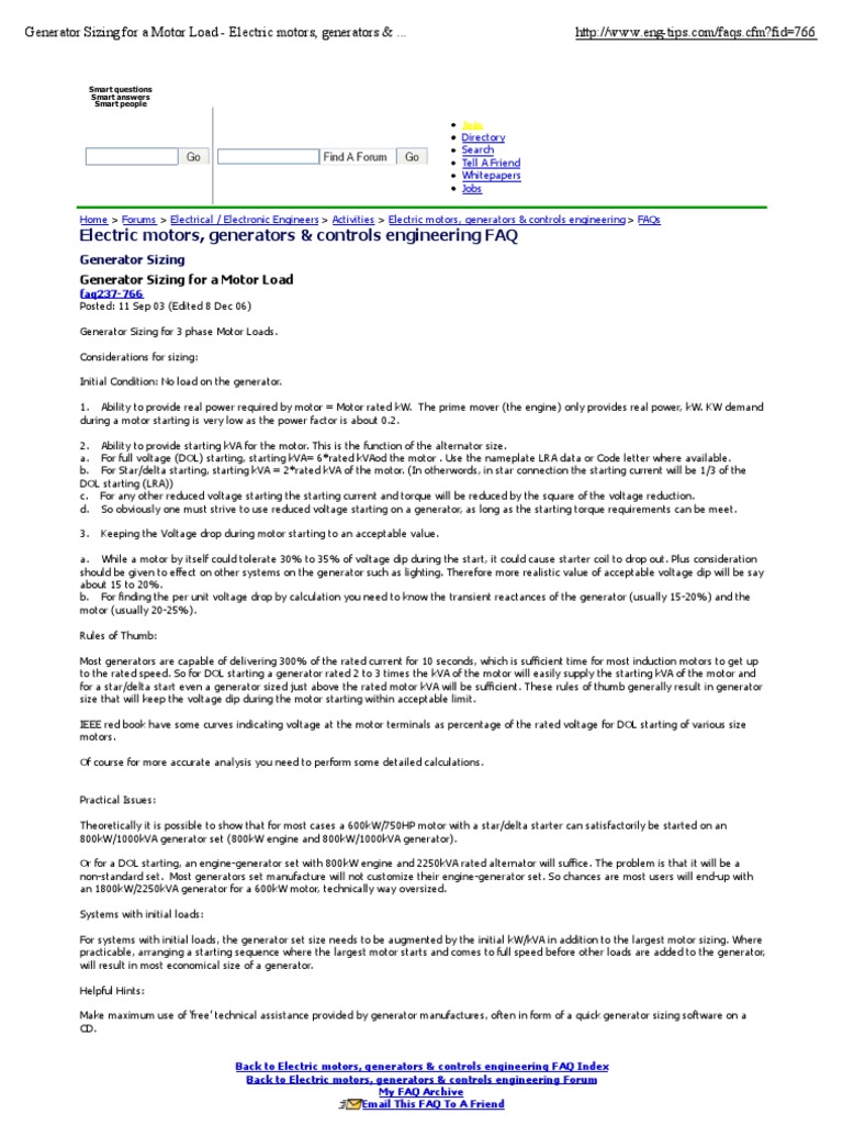Generator Sizing For A Motor Load Electric Motors, Generators
