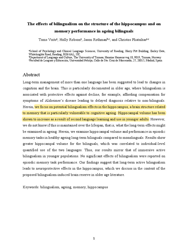 Bilingualism's Impact on Aging Hippocampus | PDF | Hippocampus | Memory
