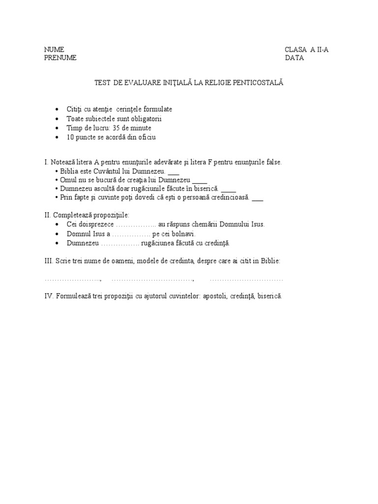 Sohodor Test Initial CL A Ii-A Religie Penticostala | PDF