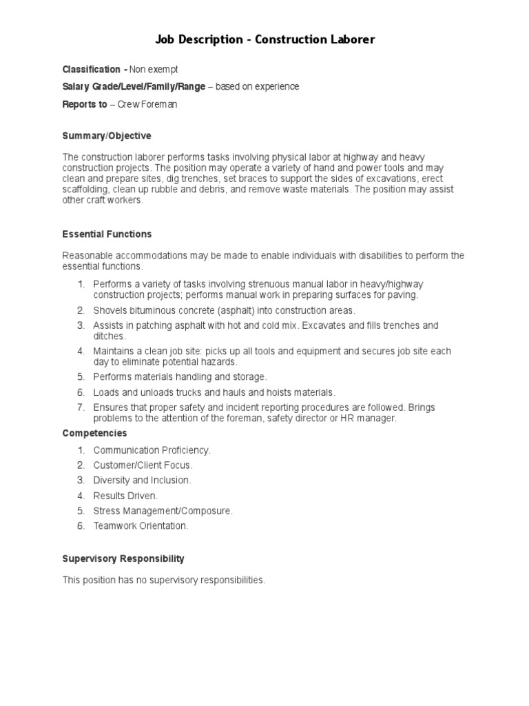 Construction Laborer Job Description | PDF | Asphalt | Employment