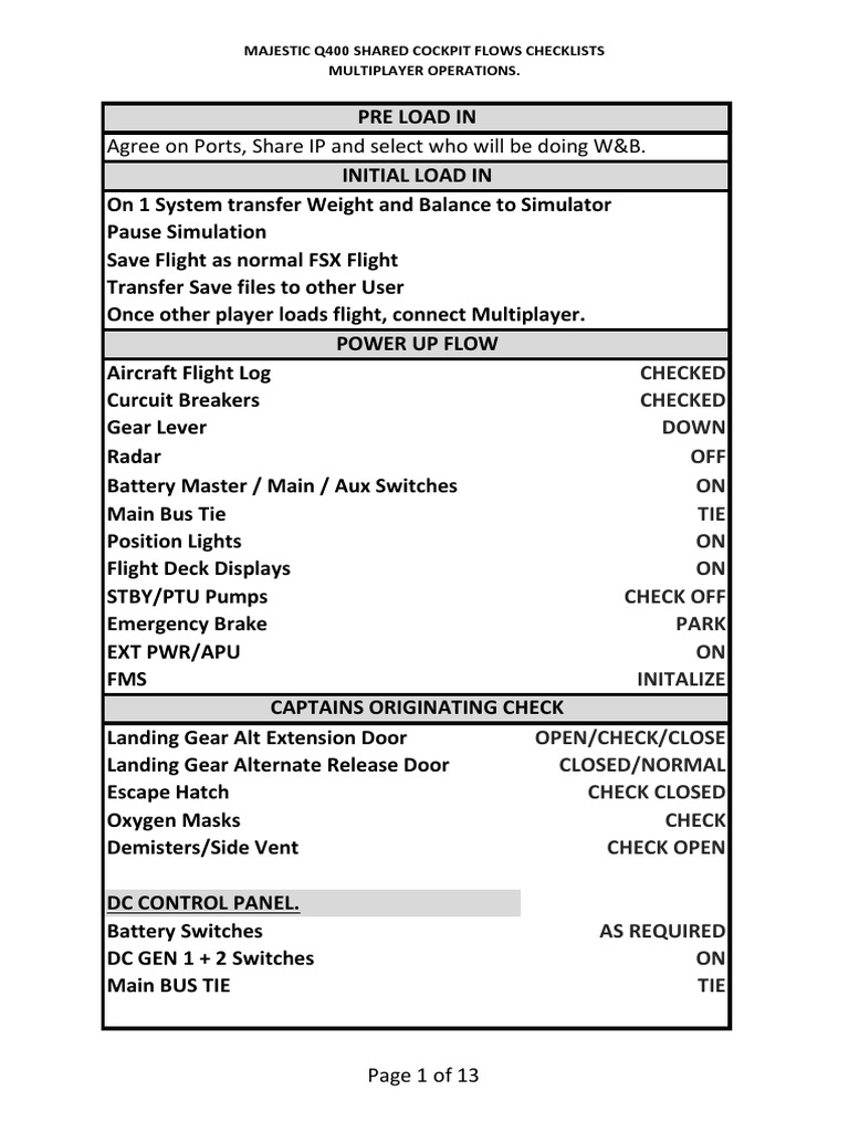 Majestic Dash8 Checklists PDF | PDF | Cockpit | Landing Gear