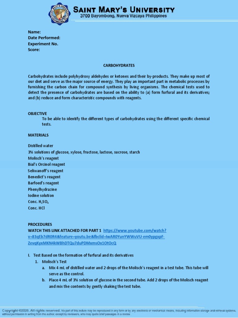 Carbohydrate Identification Tests | PDF | Glucose | Carbohydrates