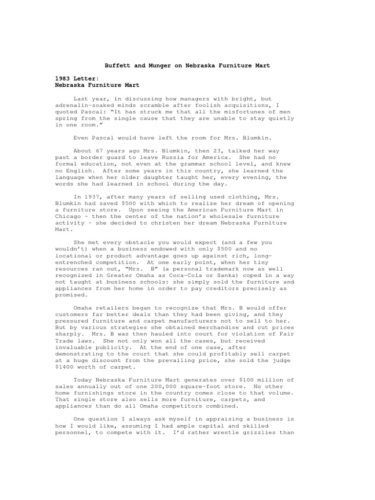 Buffett and Munger On Nebraska Furniture Mart PDF Business