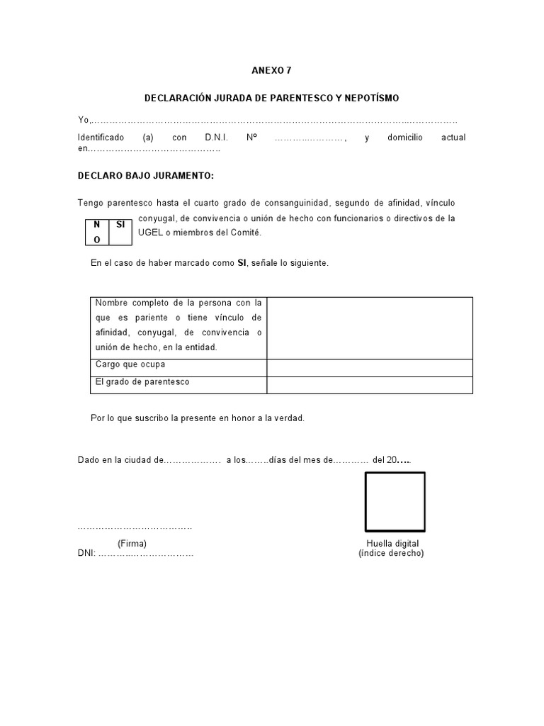Declaración Jurada de Parentesco y Nepotismo | PDF | Derecho