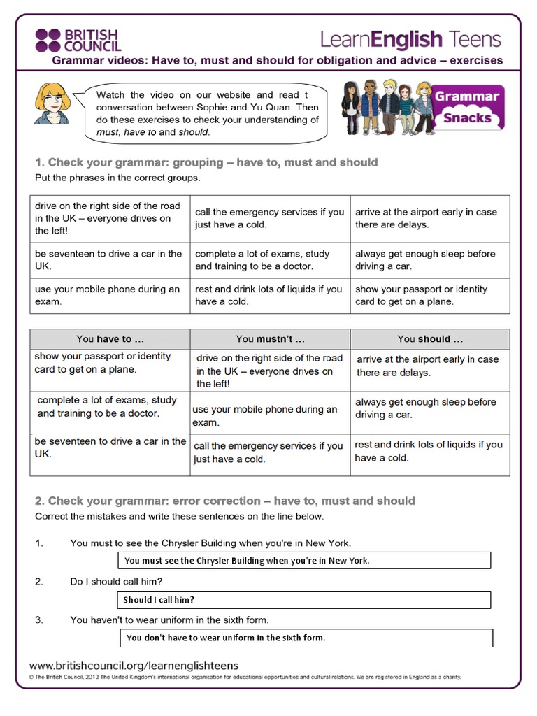 Have To Must And Should For Obligation And Advice Exercises 1 Pdf