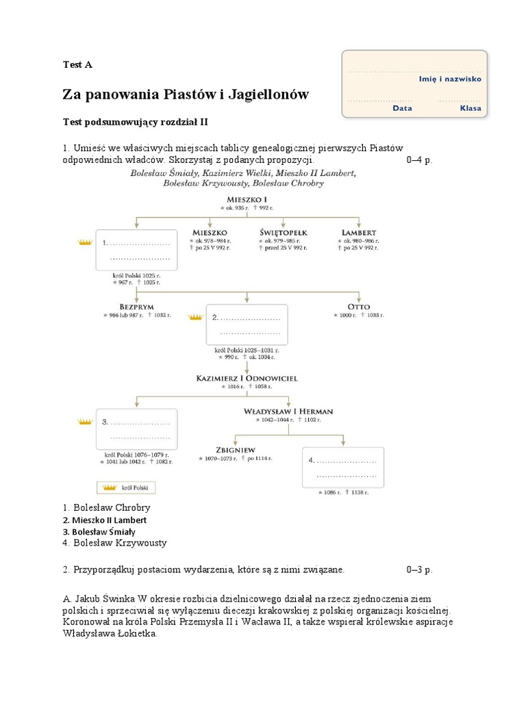 Za Panowania Piastow I Jagiellonow Test Podsumowujacy Rozdzial 2