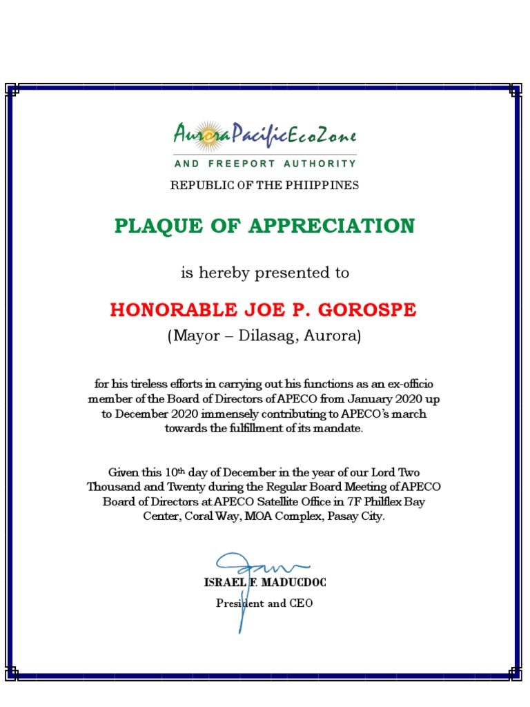 Plaque of Appreciation - Mayor Gorospe Final | PDF