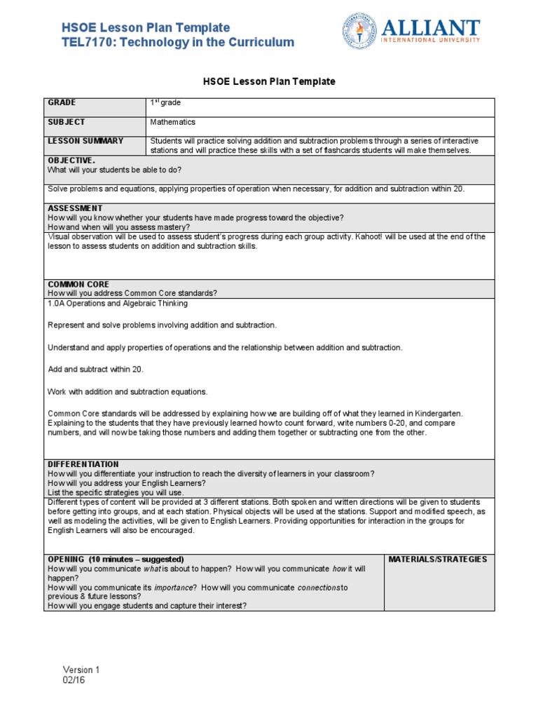 1st Grade Math Addition & Subtraction Lesson Plan | PDF | Common Core ...