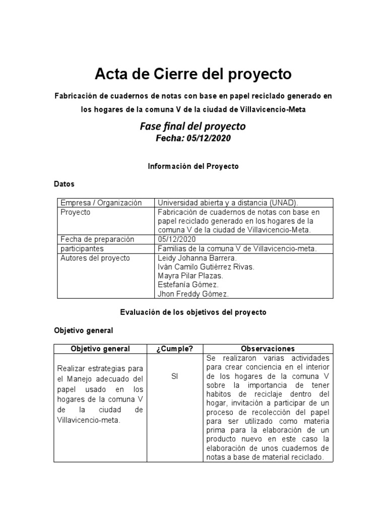 Acta de Cierre Del Proyecto | PDF | Reciclaje | Papel