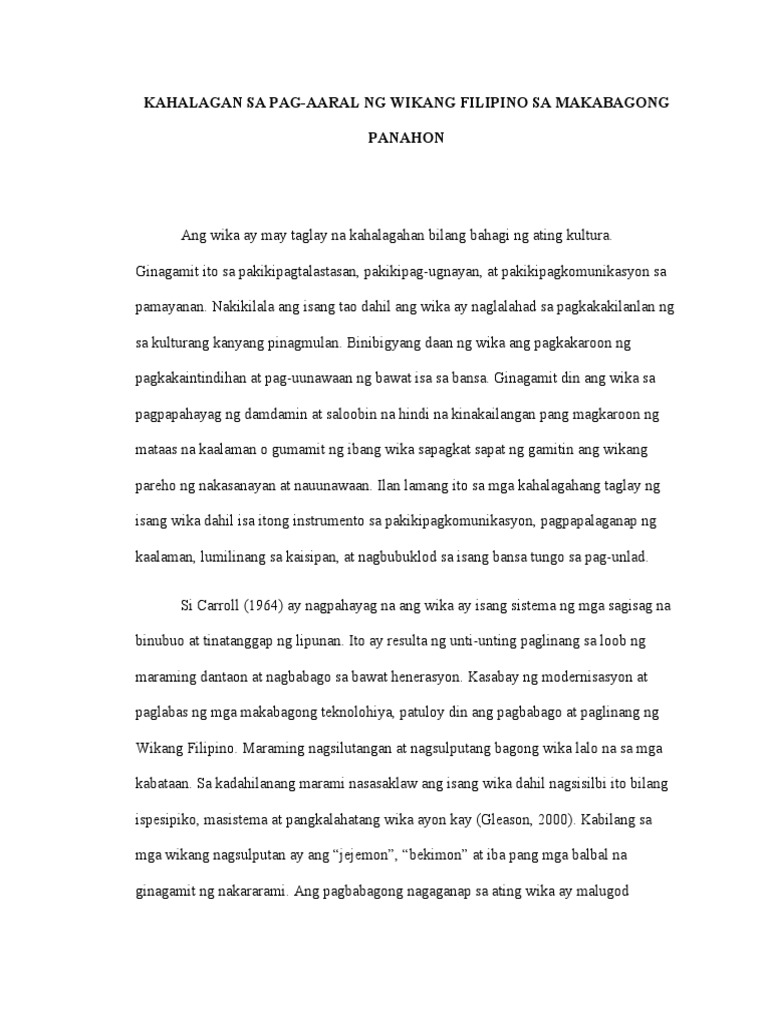 Kahalagan Sa Pag-Aaral NG Wikang Filipino Sa Makabagong Panahon | PDF
