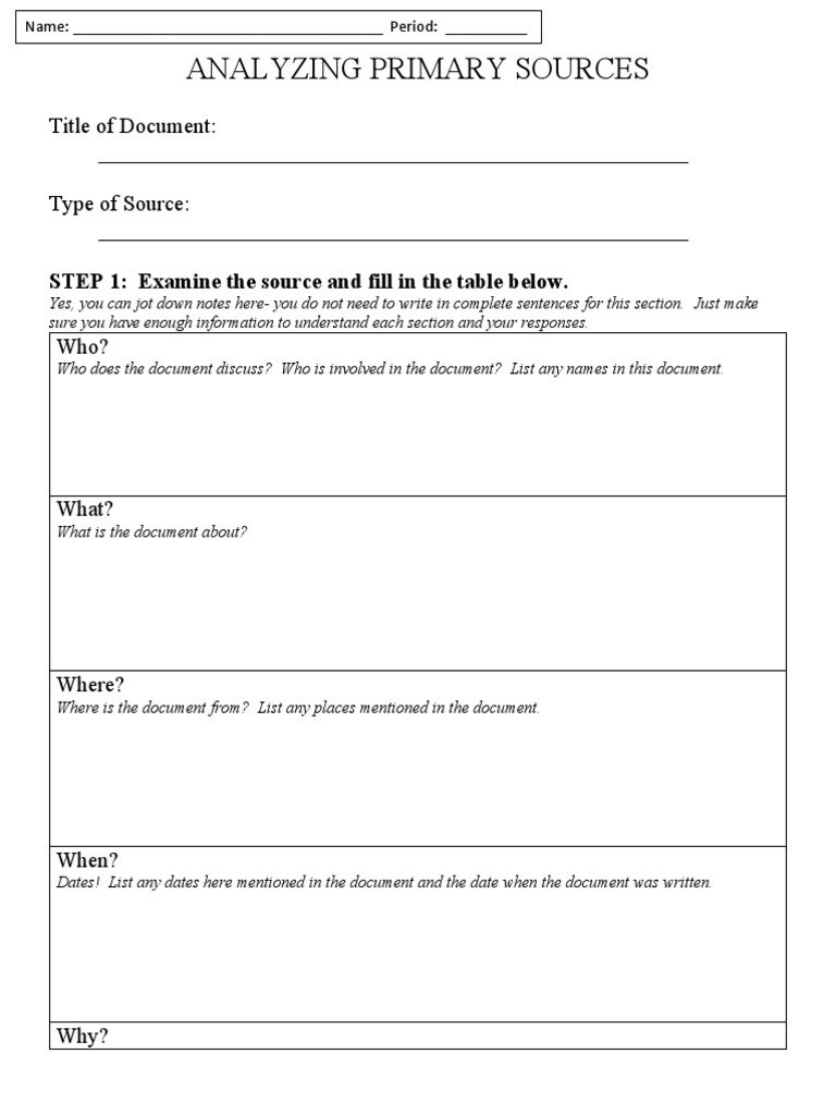 Primary Source Analysis Worksheet Template Pdf