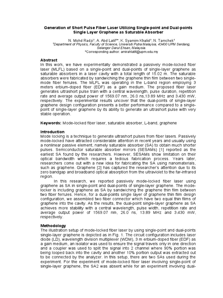 Short Pulse Fiber Laser with Graphene Absorbers | PDF | Laser | Optical ...