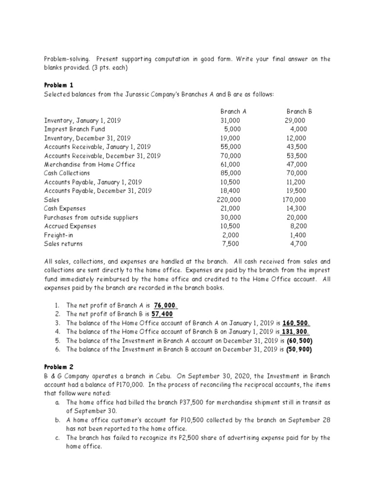 Branch Accounting Problem Solutions | PDF | Expense | Debits And Credits