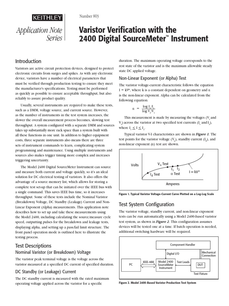 Varistor Verification With The 2400 Digital Sourcemeter Instrument