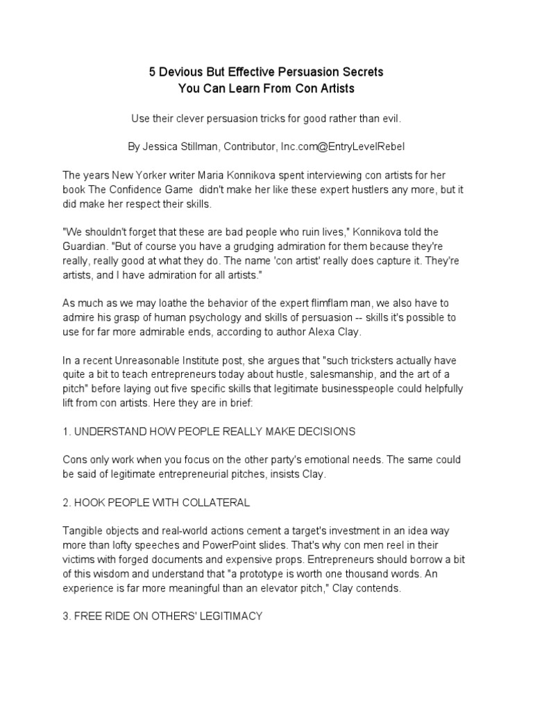 Persuasion Secrets from Con Artists | PDF | Confidence Tricks ...