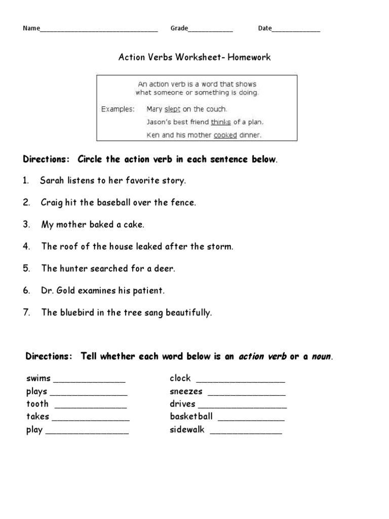Action Verbs Identification Worksheet | PDF