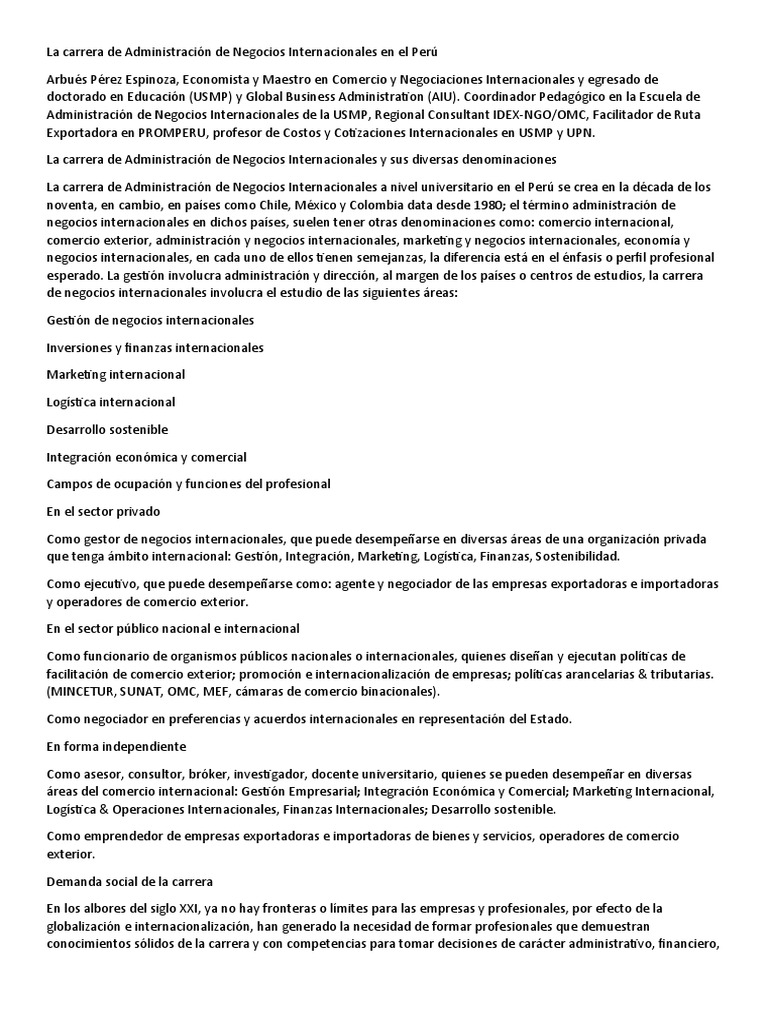 Carrera de Administración de Negocios Internacionales en Perú | PDF ...