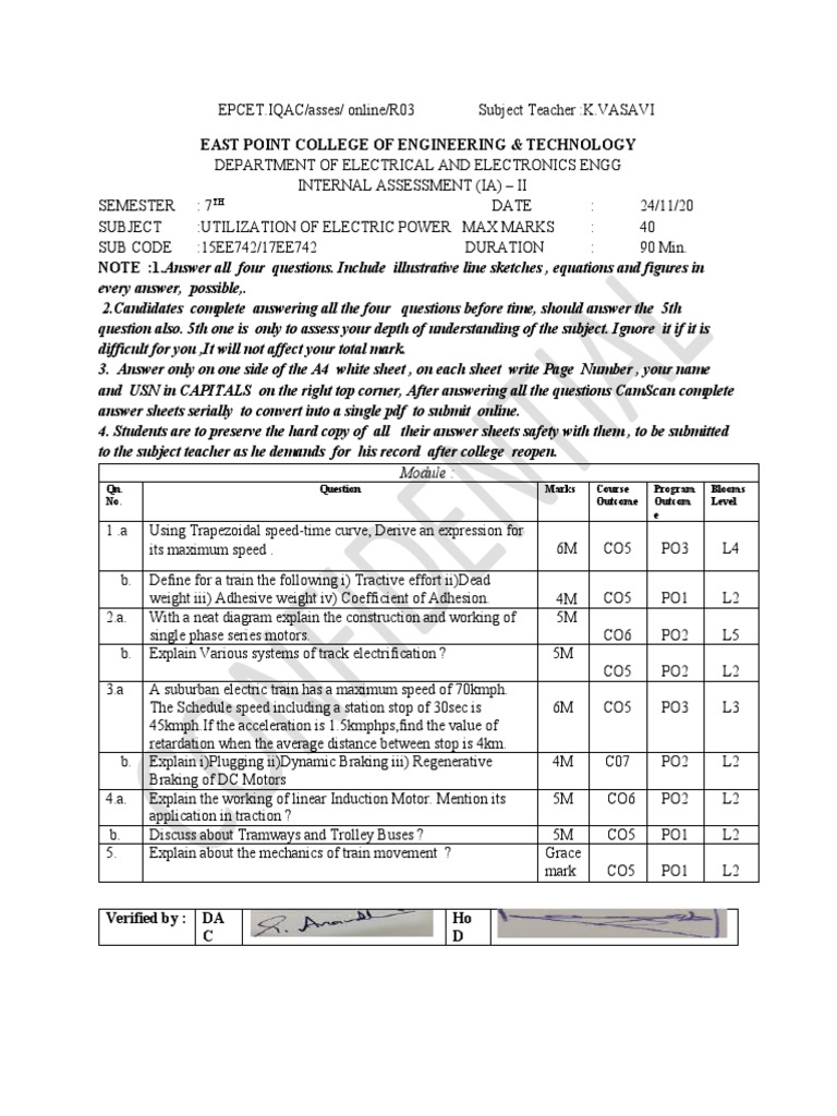 East Point College of Engineering & Technology Qn. No. Marks Course