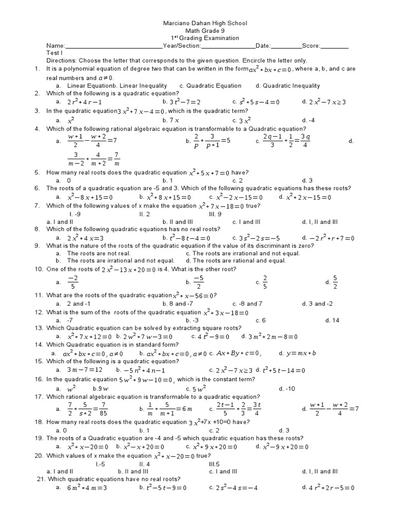 Math Grade 9 Exam PDF Quadratic Equation Equations