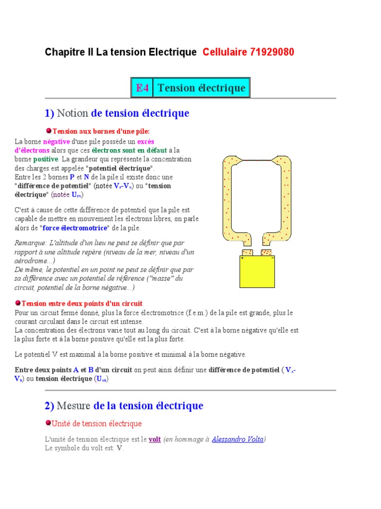 Chapitre II La Tension Electrique Et Electricite Microsoft SG1, PDF, Tension  électrique