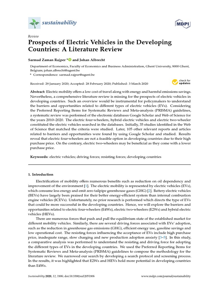 Prospects of Electric Vehicles in The Developing Countries - 2020 | PDF ...