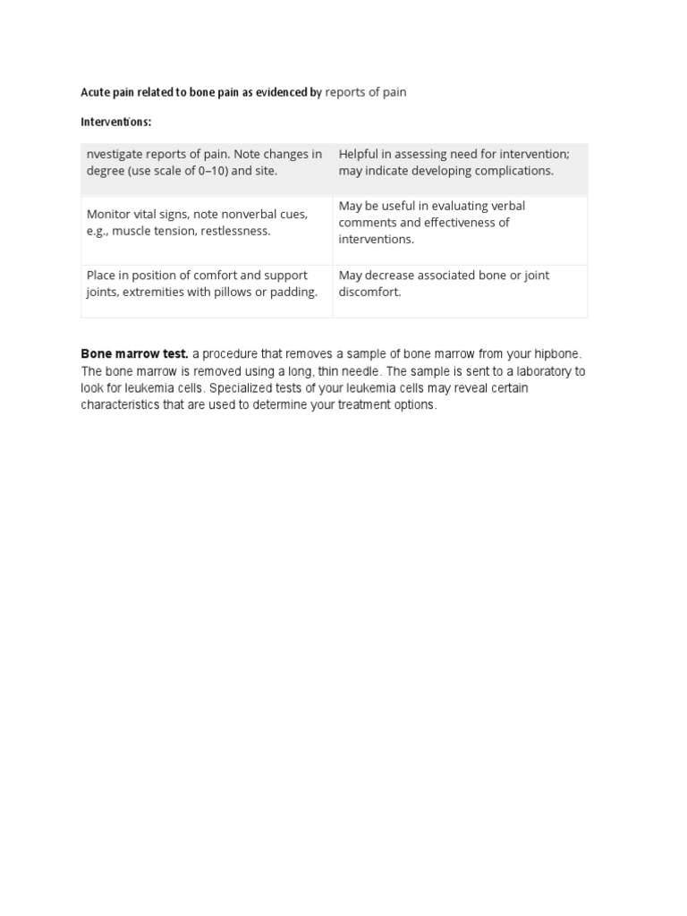 Acute Pain Related To Bone Pain As Evidenced by Interventions | PDF