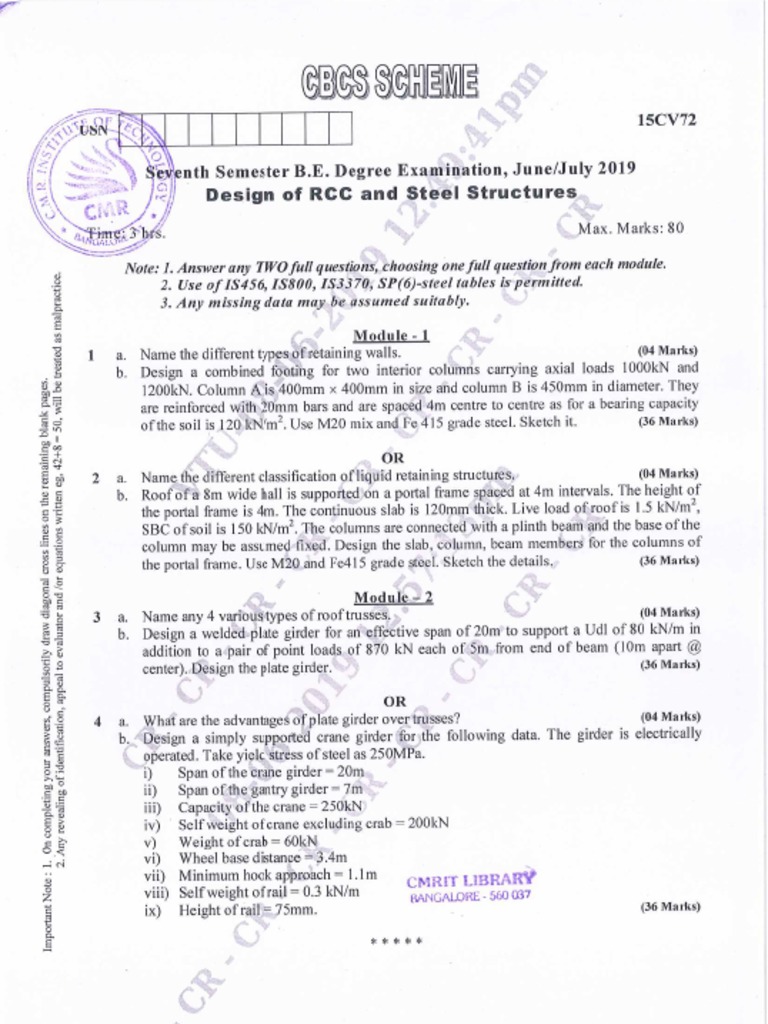 VTU Question Paper of 15CV72 Design of RCC and Steel Structures Jun