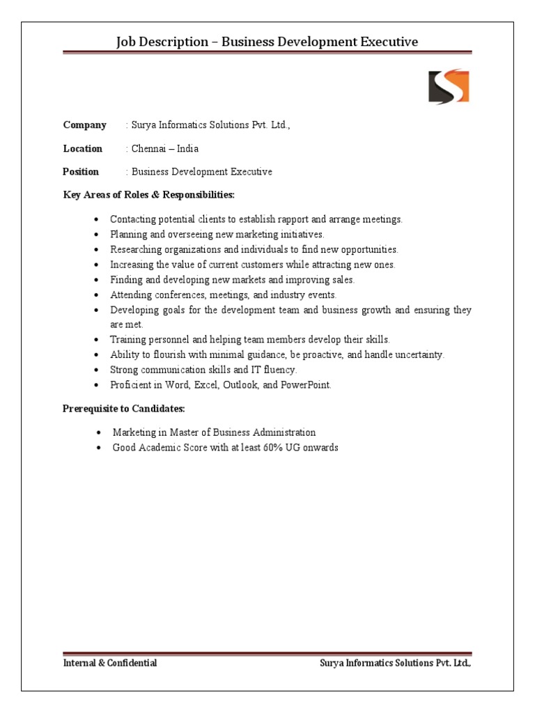 Job Description Business Development Executive Company Location