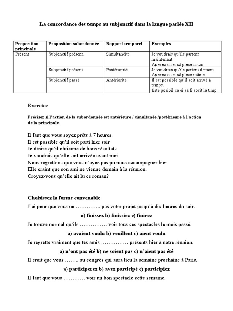 La Concordance Des Temps Exercices Pdf La Concordance Des Temps Au Subjonctif Dans La Langue Parlée | PDF