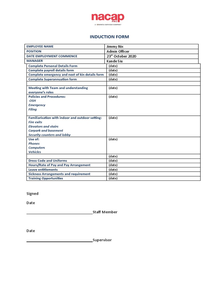 Induction Form: Jimmy Nix Admin Officer 23 October 2020 Kande Siu | PDF ...