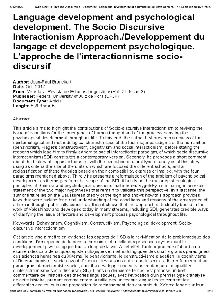 Bronckart. L'approche de L'interactionnisme SocioDiscursif PDF
