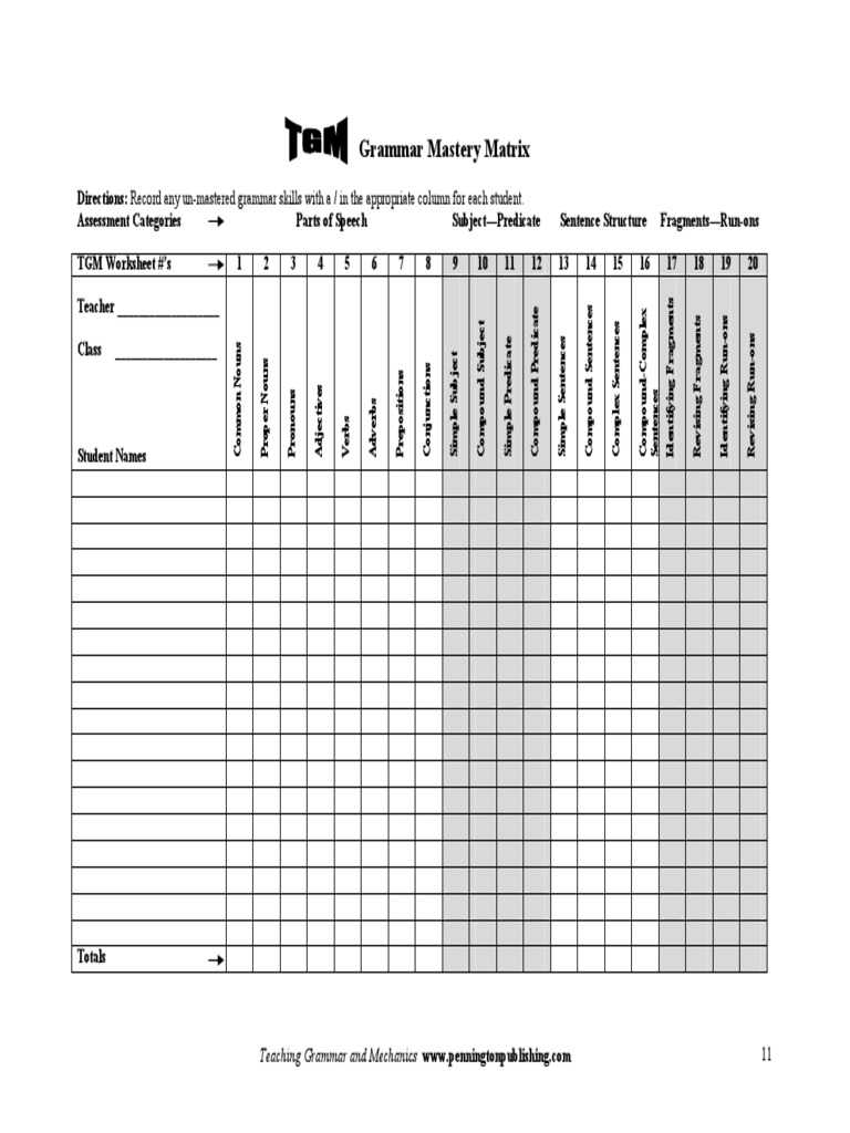 Grammar Mastery Assessment Matrix | PDF | Verb | Grammatical Tense