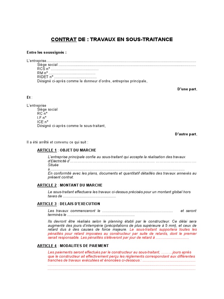 Modèle Contrat De Sous traitance Btp Simplifié 2020 Gratuit Modele de Contrat de Sous Traitance | PDF | Litiges et législations |  Bien-être