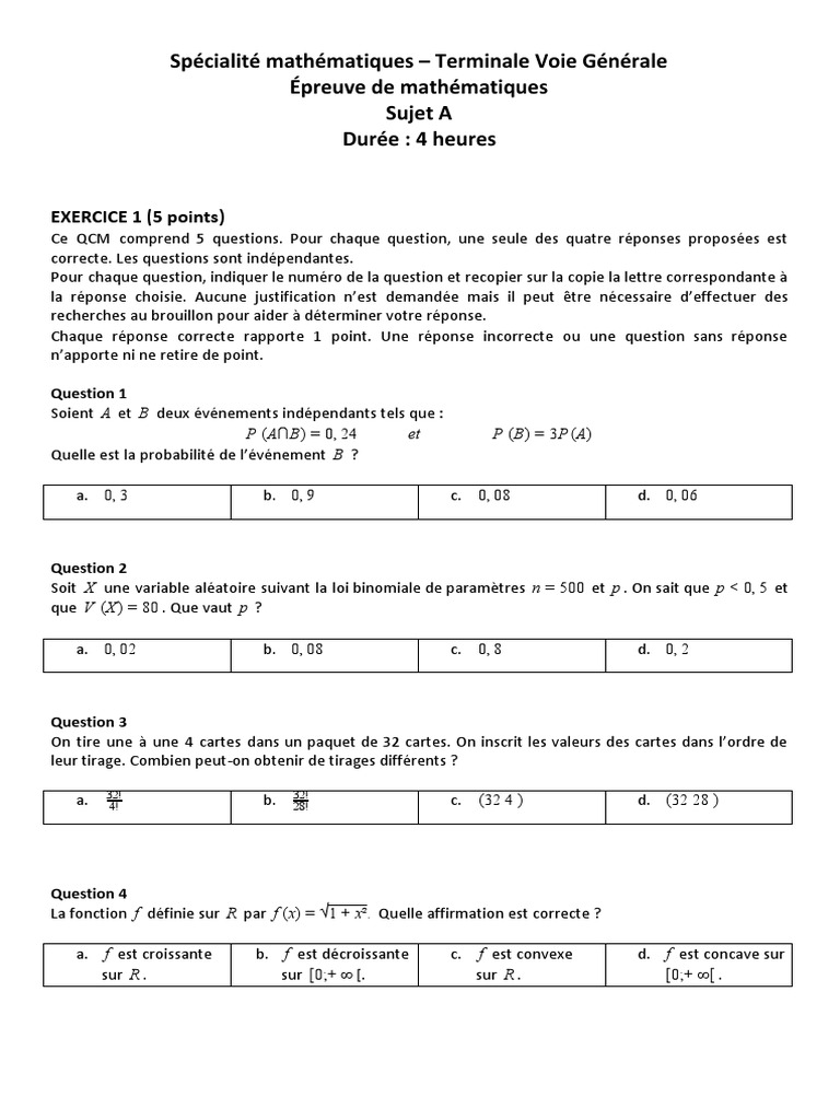 Bac Épreuve de Spécialité Mathématiques Sujet Et Corrigé N°1 PDF