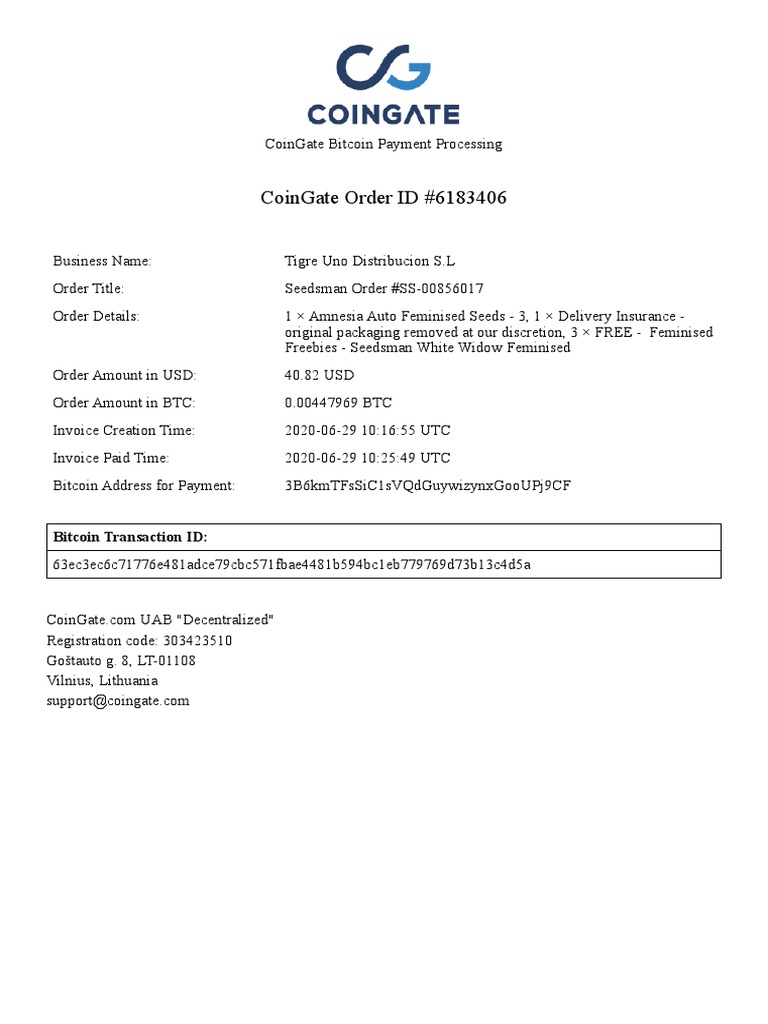 Bitcoin Payment for Seedsman Order | PDF