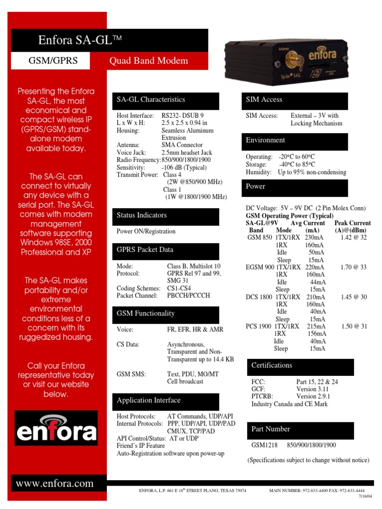 Enfora SA-GL : Quad Band Modem | PDF | General Packet Radio Service ...
