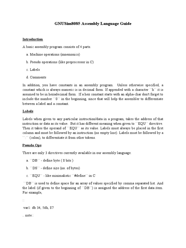 GNUSim8085 Assembly Language Guide PDF Assembly Language Computer