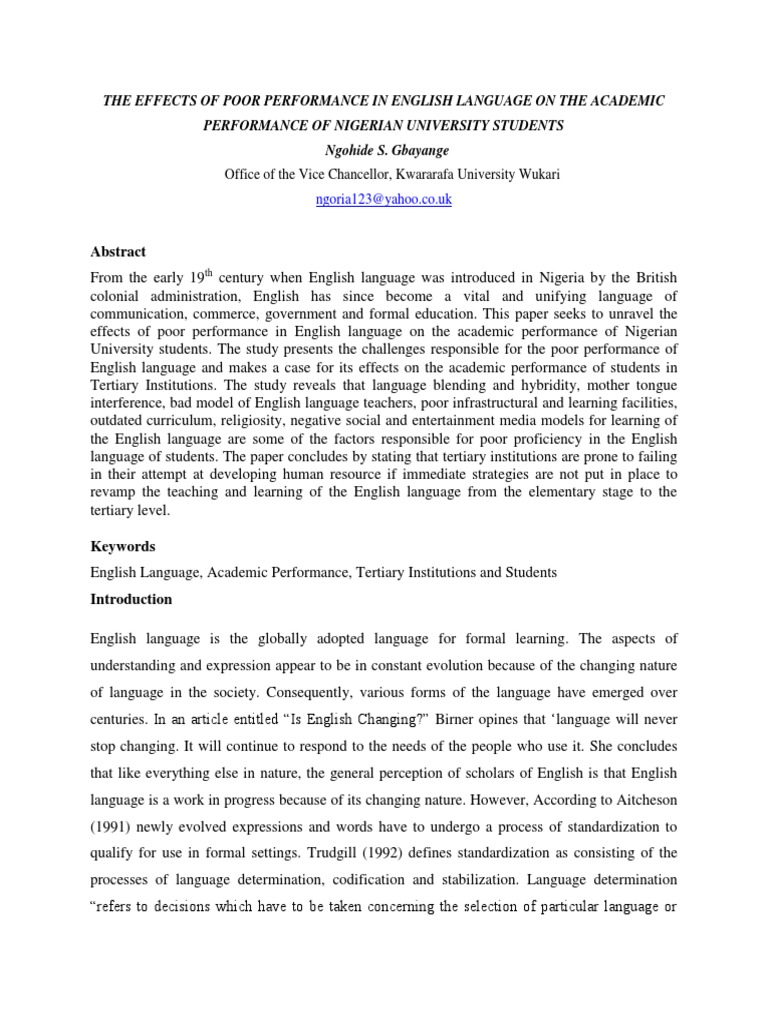 The Effects of Poor Performance in Engli | PDF | English Language | Nigeria