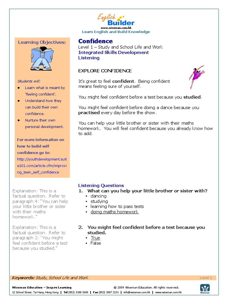 Confidence: Learning Objectives | PDF | Reading Comprehension | Vocabulary