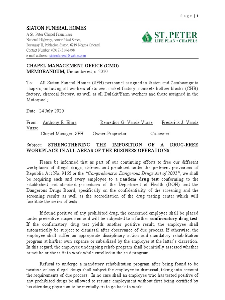 Office Memo Drug Free Workplace PDF Drug Test Social Institutions