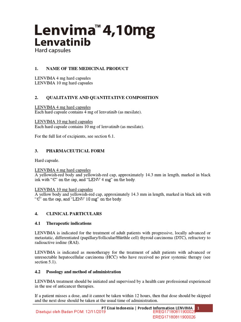 LENVIMA: Indications and Dosage Guide | PDF | Hypertension | Dose ...