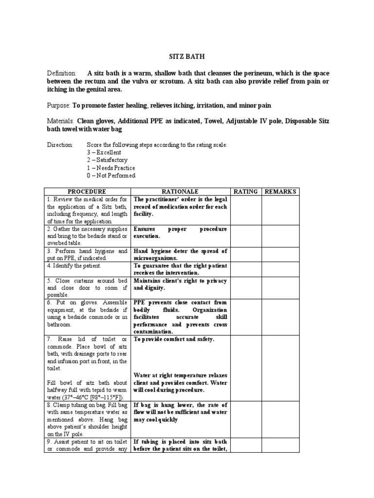Sitz Bath Procedure Checklist PDF Hygiene Hand Washing