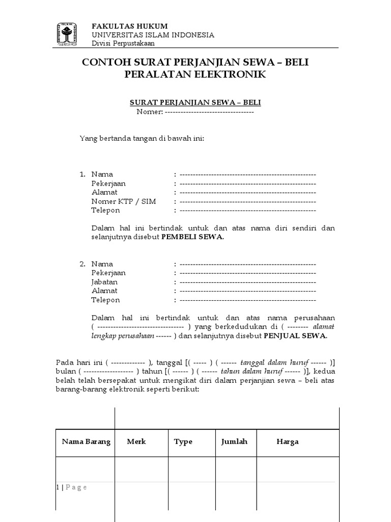 Contoh Surat Perjanjian Sewa Beli Peralatan Elektronik Fh Uii