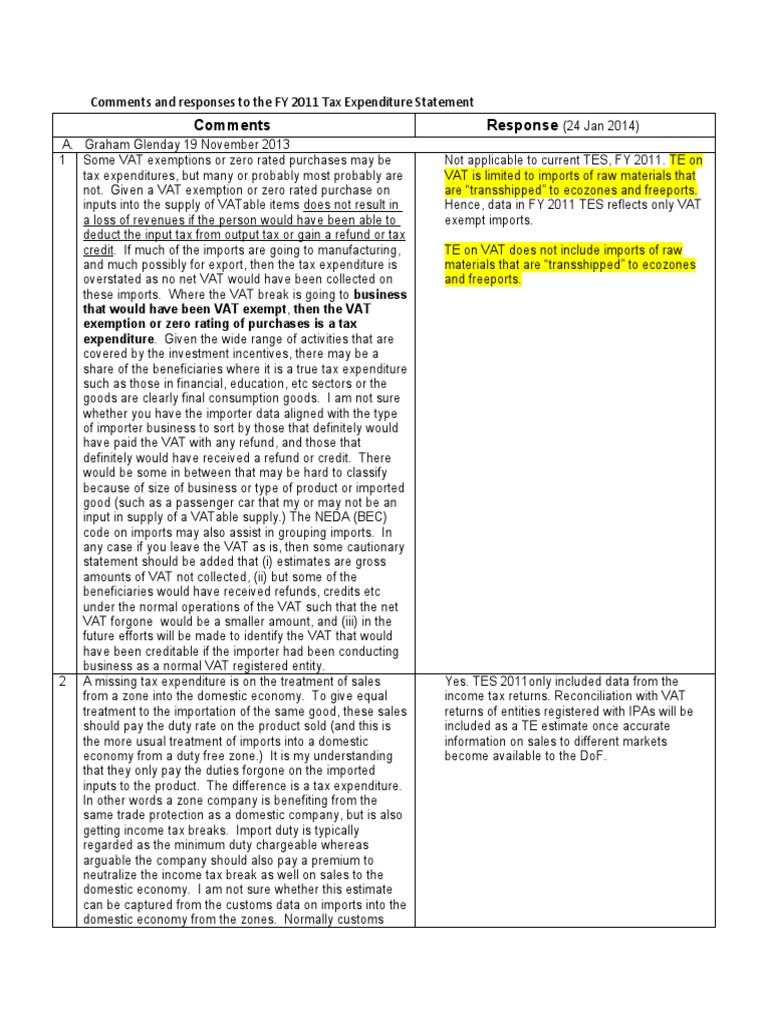 Matrix of Comments To TES 11 | PDF | Value Added Tax | Tax Deduction