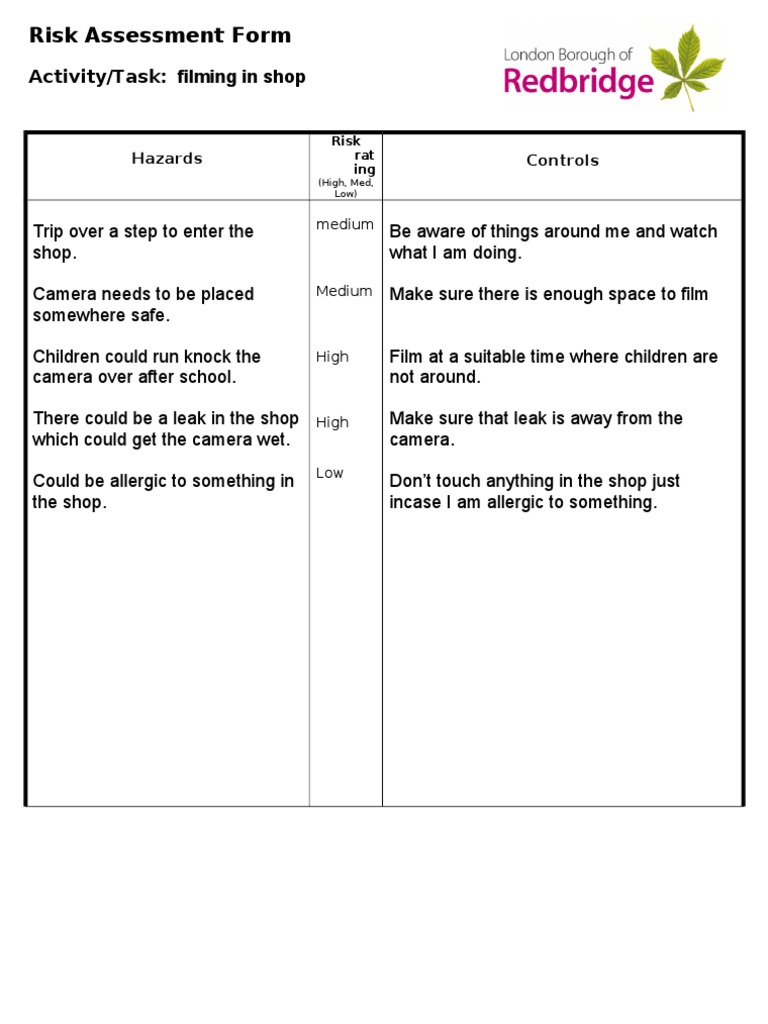 Risk Assessment for Shop Filming | PDF