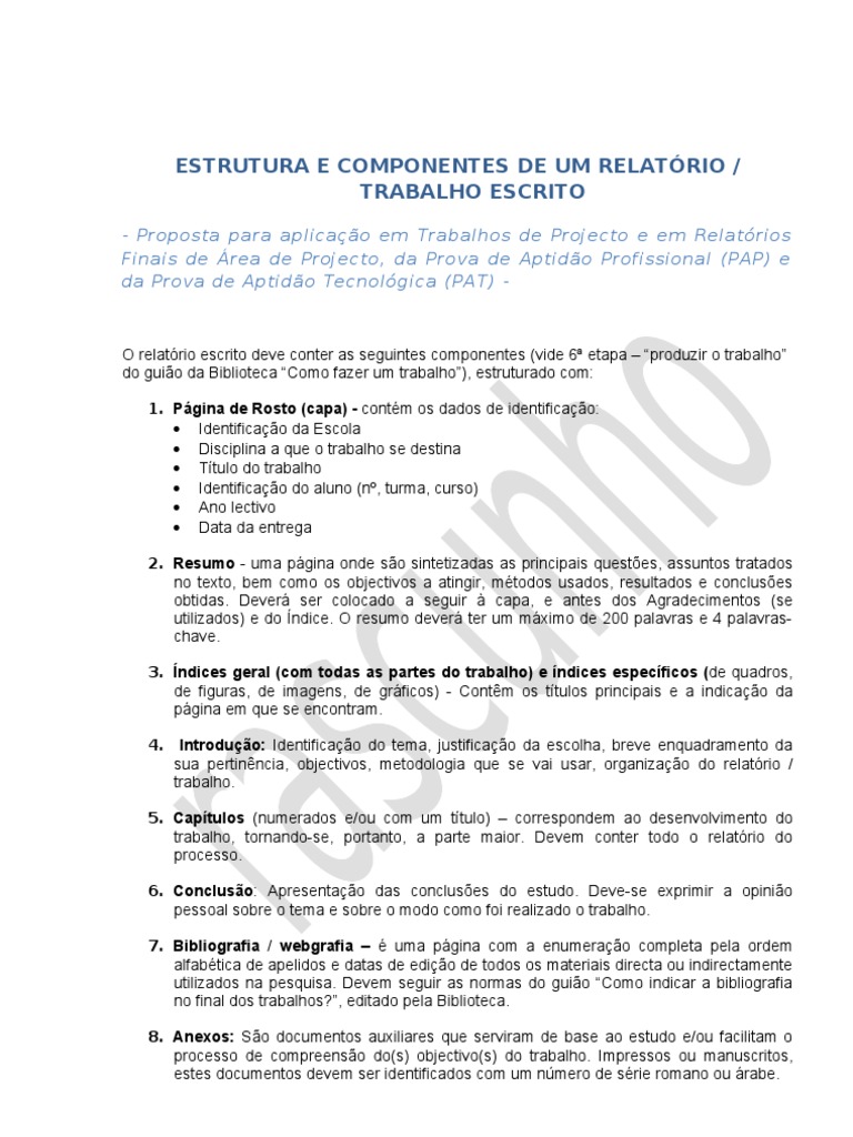 ESTRUTURA E COMPONENTES DO RELATÓRIO | Bibliotecas