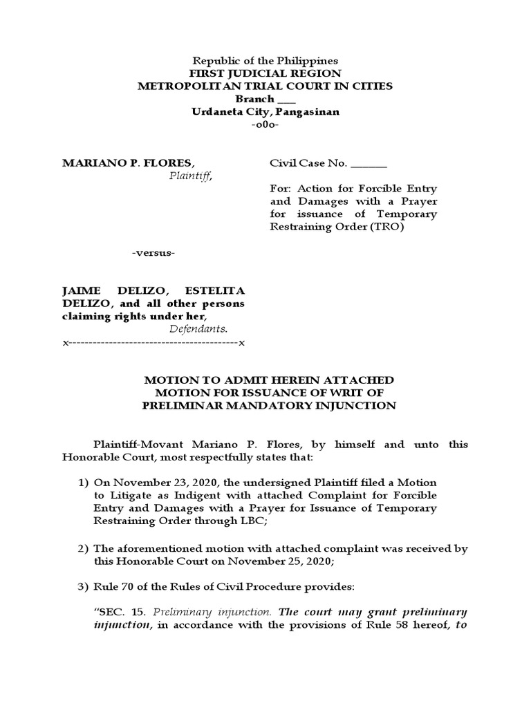Motion for Writ of Preliminary Injunction | PDF | Injunction | Complaint